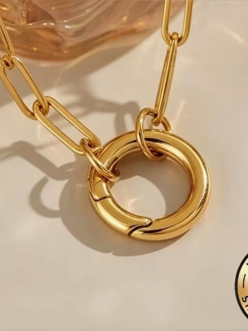 Gold Link Chain Necklace with Circular Clasp
